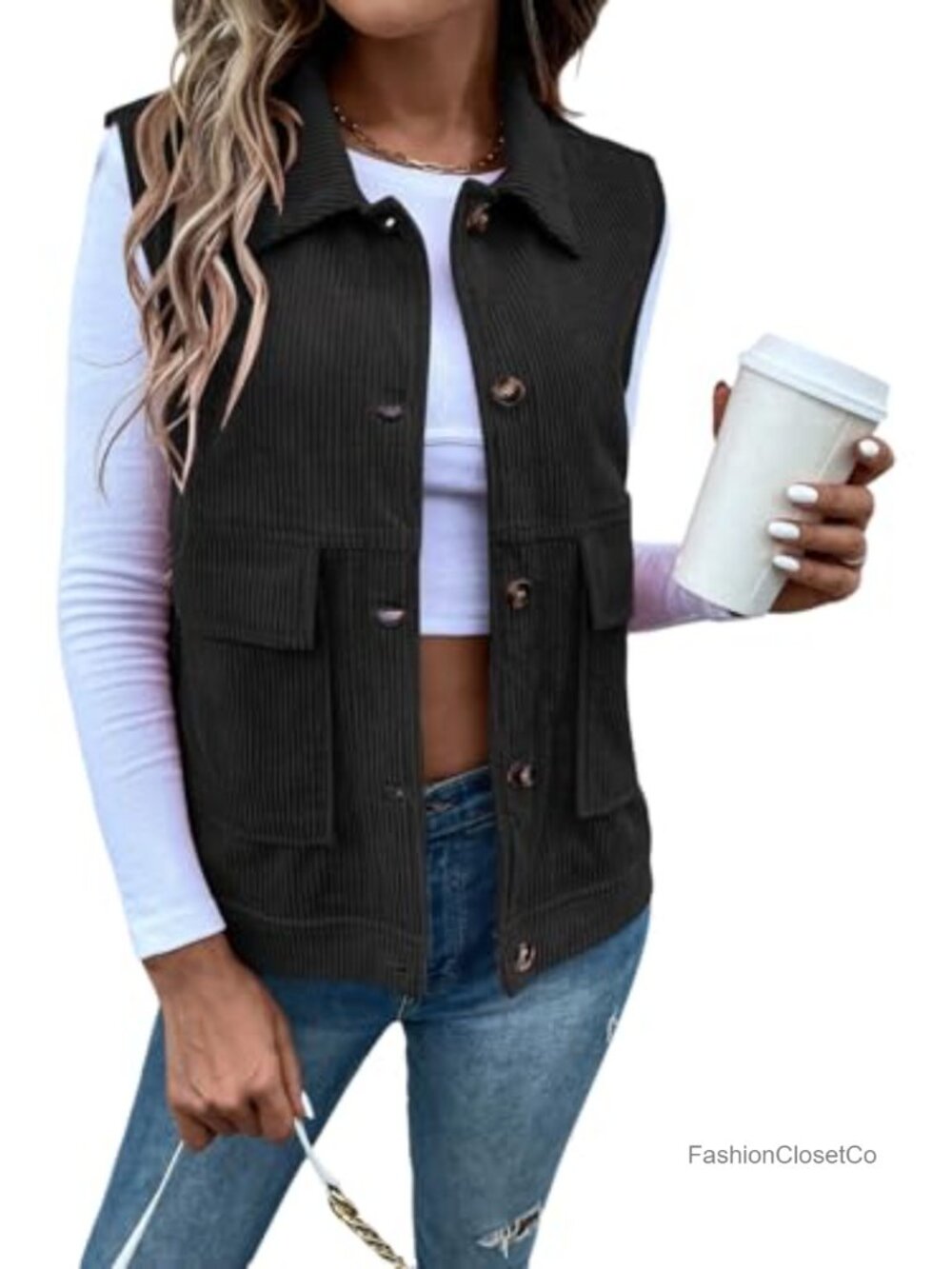 Sleeveless Button Front Corduroy Vest Jacket with Pockets